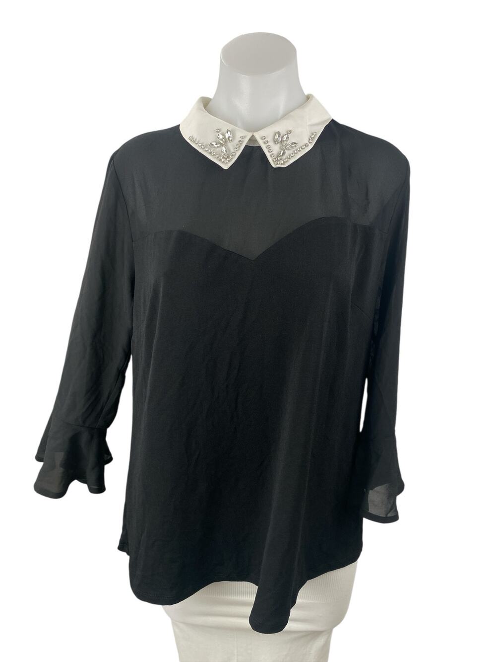 Faith and Joy Women's Black Mesh Long Sleeve Collared Layered Blouse Top Size L